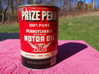 Vintage Prize Penn 100 Pennsylvania Superfine Motor Oil 1 U.  S.  Quart Can Full