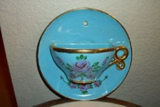 1940s Camden Pottery Nor - So Cup Saucer Wall Pocket Vase Hp Roses Gilt Blue