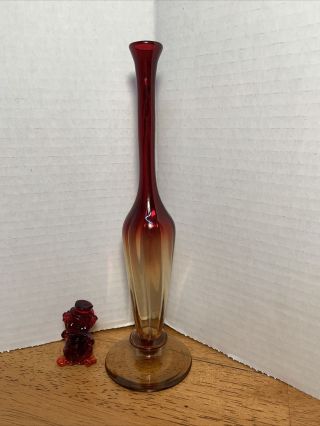 Antique Amberina Glass Bud Vase 8 3/4 Inches & Clown Figurine