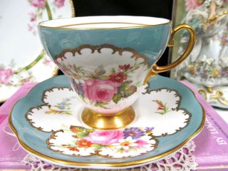 Eb Foley Tea Cup And Saucer Pink Roses Painted Gold Gilt Pattern Teacup 1930s