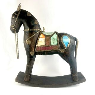 Vintage Hand Carved Wood Rocking Horse Statue Embellished W Brass & Inlay