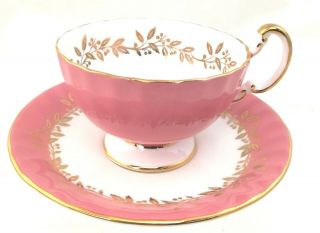 Vintage Aynsley Bone China Teacup & Saucer Pink Floral Gold Trim Fruit Pattern