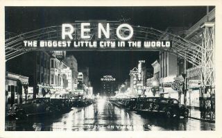 Reno Navada Virginia Street At Night Vintage Real Photo Postcard View