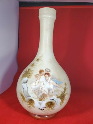 Victorian Bristol Glass Opaline Vase Enameled Paint Cherub 12x6
