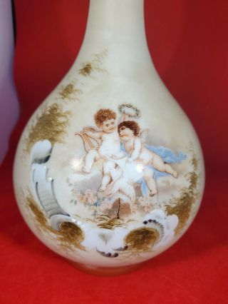 Victorian Bristol Glass Opaline Vase Enameled Paint Cherub 12x6 2