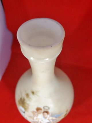 Victorian Bristol Glass Opaline Vase Enameled Paint Cherub 12x6 3
