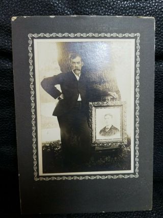 Rare Antique Cabinet Card Photo Of A Man Posing With A Large Framed Portrait