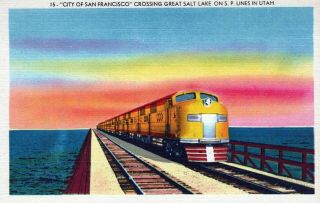 City Of San Francisco Crossing Great Salt Lake Sp Line Ut Linen Vintage Postcard
