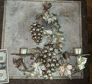 Vintage Italian Silver Gilt Tole Grapes Wall Sconce Candle Holder