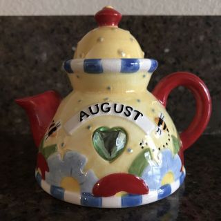 Mary Engelbreit 2005 Mini Teapot/birth Month August W/ Green Heart 3.  5x4 Approx.