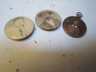 Three Antique Mourning Photo (2 Celluloid Button Pins & 1 Key Fob) W/photo
