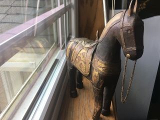 Antique Hand Carved Wooden Horse Figure - W/ Brass Copper Bronze Accents