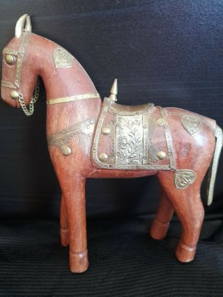 Vintage Wooden Brass Copper Bronze Hand Carved Brown Horse Statue Figurine