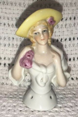 Antique German Porcelain Half Doll Pincushion Brush Handle Figurine Yellow Hat