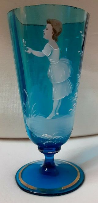 Rare Mary Gregory Blue Goblet Enamel Hand Painted Glass