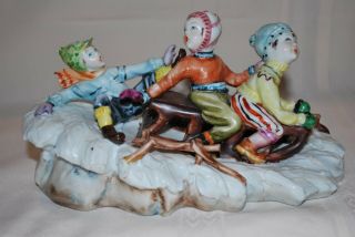 Antique Vintage Figurine Figure Boys Children Sledding Capodimonte Italy Marked