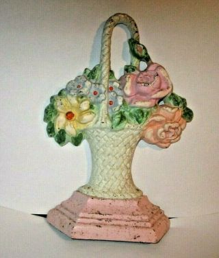 Antique Hubley Cast Iron Doorstop Flower Bouquet Basket 7 1/8 "