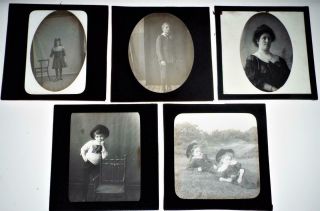 Magic Lantern Slides Set Of 5 Antique C1910 Children People Portrait Slides