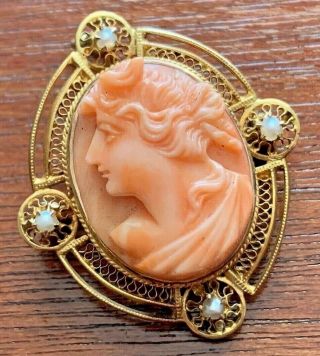 Vintage 10k Yellow Gold Filigree Brooch Pendant W Pink Coral Cameo & Seed Pearls