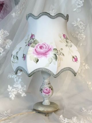 Antique Shabby Chic Lamp Shade Night Light Hp Pink Roses Green Marble