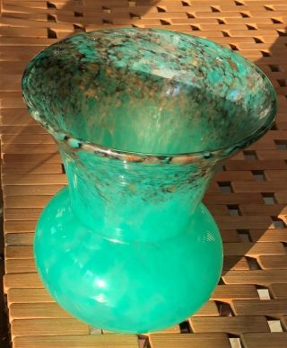 Studio Art Glass Vase,  Green,  Black & Gold,  Bulbous Base,  Cabinet Vase
