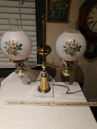 Vintage Hurricane Double Globe Glass And Brass Lamp Pink And White