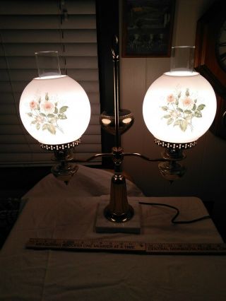 Vintage Hurricane Double Globe Glass and Brass Lamp Pink And White 3