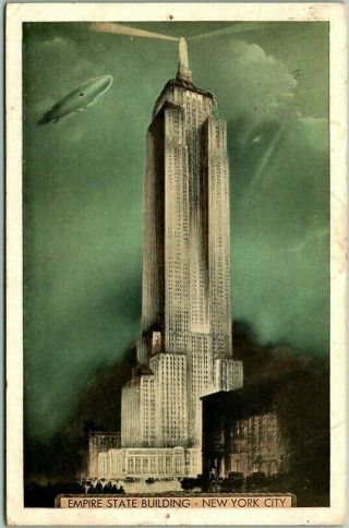 Vintage York City Postcard Empire State Building W/ Blimp - 9/11/1931 Cancel