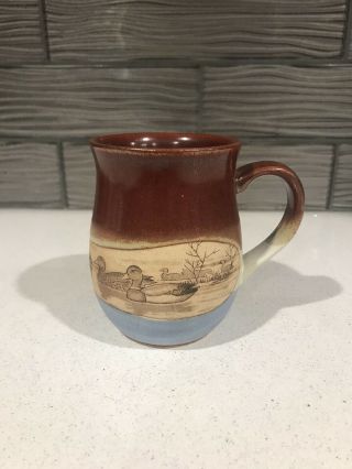 Vintage Brown And Blue Ducks Pottery Coffee Mug