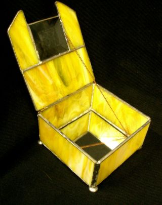 Unusual Vintage Studio Stained & Leaded Art Glass Trinket Box - Yellow