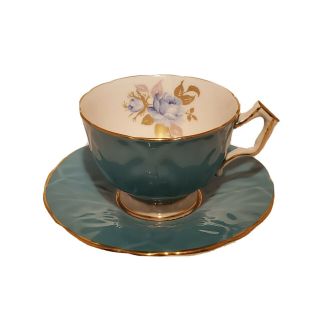 Aynsley Turquoise Blue Rose Tea Cup And Saucer Floral Tiffany Color Teacup Gold