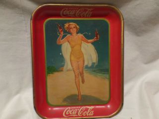 Vintage 1937 " Coca - Cola " Serving Tray " Running Girl In Yellow Bathing Suit " U