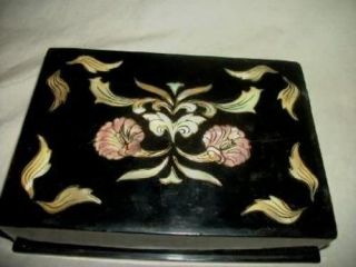 Paper Mache Inlay Mother Of Pearl Tinted Mop Black Lacquer Box Japan Silk Lining