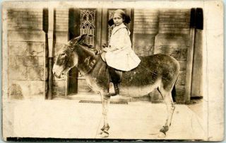 Vintage 1910s Rppc Real Photo Postcard Girl On Donkey,  Street View -