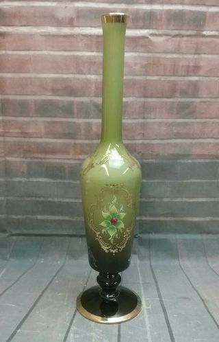 14.  75” Tall Antique Green Art Glass Vase Gold Enamel Accents W/red Jewel