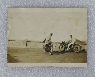 Vintage Antique Photograph Two Soldiers Riding On Indian Motorcycles