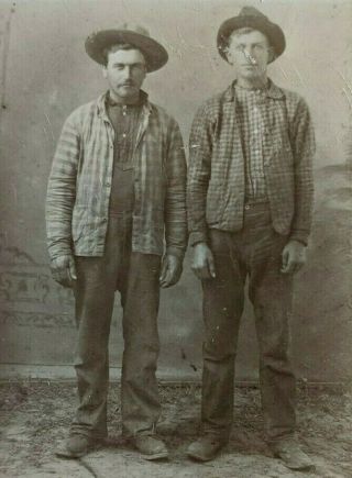 Vintage Cabinet Card Late - 1800s Victorian Era Photo 2 Hardworking Men In Hats