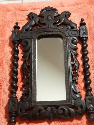 Antique 19thc Dark Wood Carved Mirror - Barley Twist And Lions And Leaves