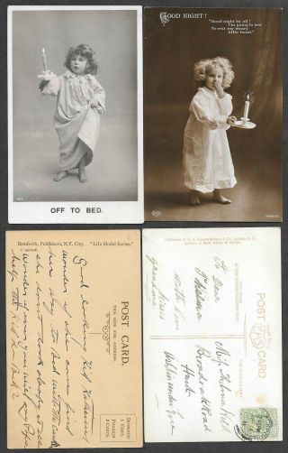 2 Old Real Photo Postcards - Little Girls With Candles - Bed Time