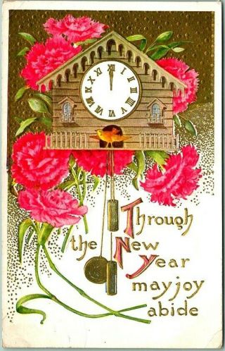 Vintage Happy Year Embossed Greetings Postcard Pink Flowers / 1910 Sd Cancel