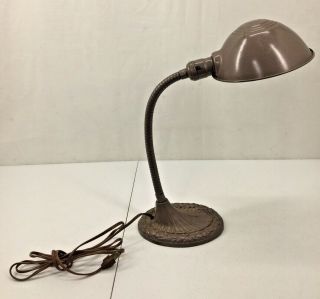 Vintage Gooseneck Desk Lamp Industrial Brown Cast Iron Metal Shade Old