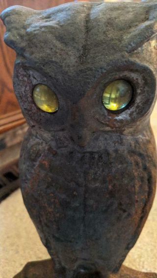 Pair Vintage Cast Iron Andirons Owls With Green Glass Eyes