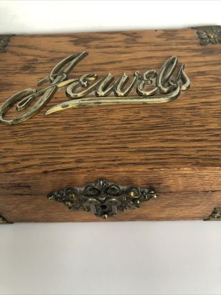 Antique Oak Jewelry /trinket Box W/ Ornate Metal Work Handmade 1890