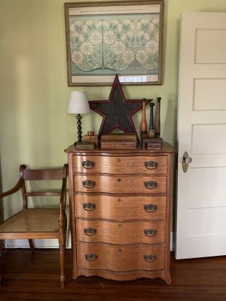 Antique Vintage Dresser Tiger Oak Wood 5 Drawer Highboy Chest