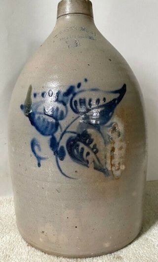 Antique 2 Gal.  Troy Pottery Stoneware Jug W Cobalt Floral Design,  C.  1850 - 70s