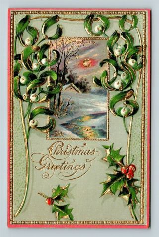 Christmas Greetings,  Gold Lined Embossed Winter Scene Vintage Postcard