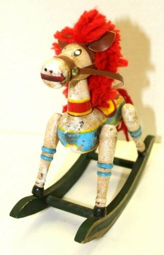 Vintage Wooden Rocking Horse Figurine Hand Painted With Yarn Hair 7 1/2 " Tall