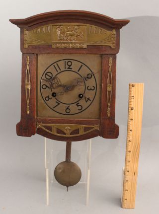 Small Antique Arts & Crafts Secessionist Rhs German Oak & Brass Wall Clock Nr