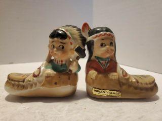 Vintage Native American Indian Children In Moccasin Shoe Salt & Pepper Shakers