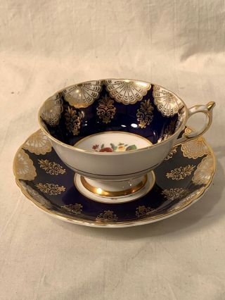 Paragon By Appointment China Cobalt Blue Cup and Saucer Floral Center Gold Trim 2